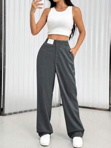 SHEIN Unity Loose Alphabet Jacquard Wide Leg Suit Pants For Women, High Waisted And Draped - Dark Grey - View 6