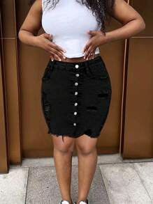 Sexy Stretchy Distressed Denim Pencil Skirt, Women's Casual Button Frayed Pocket Beach Denim Skirt, Summer Music Festival Denim Style - Black - View 3