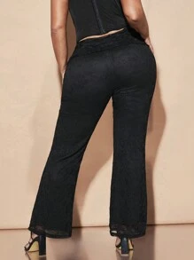 SHEIN BAE Sexy schwarze Spitzen-Plissee-Taille weite Hose in Große Größen für tägliche Sommerausflüge - Schwarz - Übersicht 2