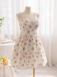 Soleia Vestido de talla grande para mujeres con cuello en V bordado, forma de copa, con encaje adjunto y sin mangas. Confeccionado en tela con textura jacquard, perfecto para vacaciones en el campo, verano y Pascua - Multicolor - Ver 3