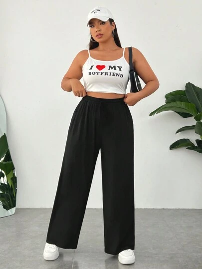 SHEIN EZwear 大码女式黑色轻盈透气冰丝针织慢跑裤，亲肤柔滑面料，纯色休闲宽松版型，配有口袋和抽绳腰带