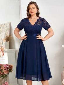 Plus Floral Lace V-Neck Ruffle Trim Chiffon A-Line Hem Semi Formal Party Swing Dress