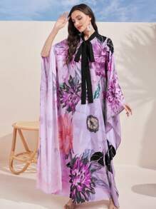 Al Najma 女式花卉印花蝙蝠袖阿拉伯连衣裙（腰带） - 彩色 - 查看 7