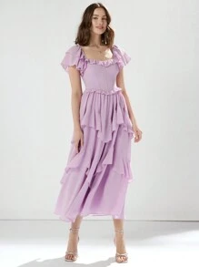 Enchnt Women's Princess Romantic Plain Pink Summer Holiday Elegant Solid Color Ruffled Waist Cinched Waist Dress For Graduation Party,Cocktail And Prom  - Mauve Purple - View 1