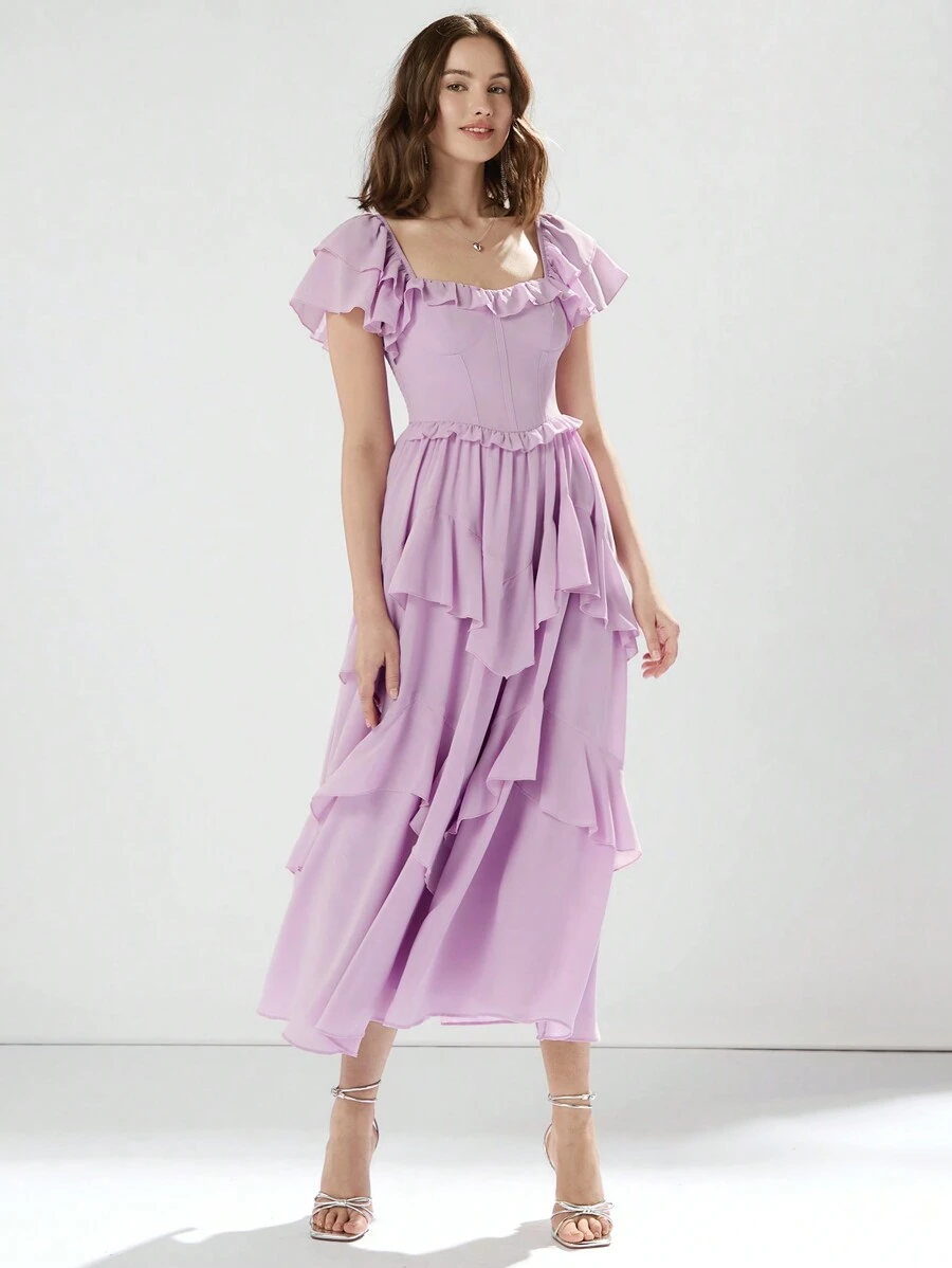 Enchnt Women's Princess Romantic Plain Pink Summer Holiday Elegant Solid Color Ruffled Waist Cinched Waist Dress For Graduation Party,Cocktail And Prom - Mauve Purple - View 1
