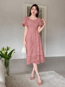 DAZY Lantern Sleeves Single-Breasted A-Line Slim Chiffon Dress Summer Sundress - Coral Pink - View 3