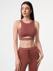 Easithlete Women's Solid Color Round Neck Hollow Out Back Sports Bra - Brown - View 5