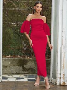 Simple And Sexy Strapless Mesh-Panel Bodycon Dress With Off Shoulder Design For Women - Red - View 6