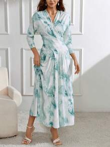 Modelyn Women's Full Print Cross Wrap Ruched Dress Long Evening Dresses - Blue - View 5