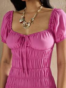 Forever 21 Women's Solid Color Puff Sleeve Sweetheart Neck Summer Holiday Dress - Mauve Purple - View 7
