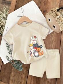 Leap Crew Baby Girl Casual Minimalist Cartoon Cat Print Short Sleeve Shorts Set, Suitable For Summer, Cotton Blend - Apricot - View 1