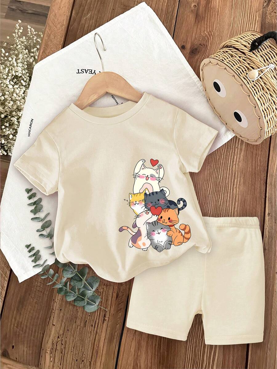 Leap Crew Baby Girl Casual Minimalist Cartoon Cat Print Short Sleeve Shorts Set, Suitable For Summer, Cotton Blend - Apricot - View 1