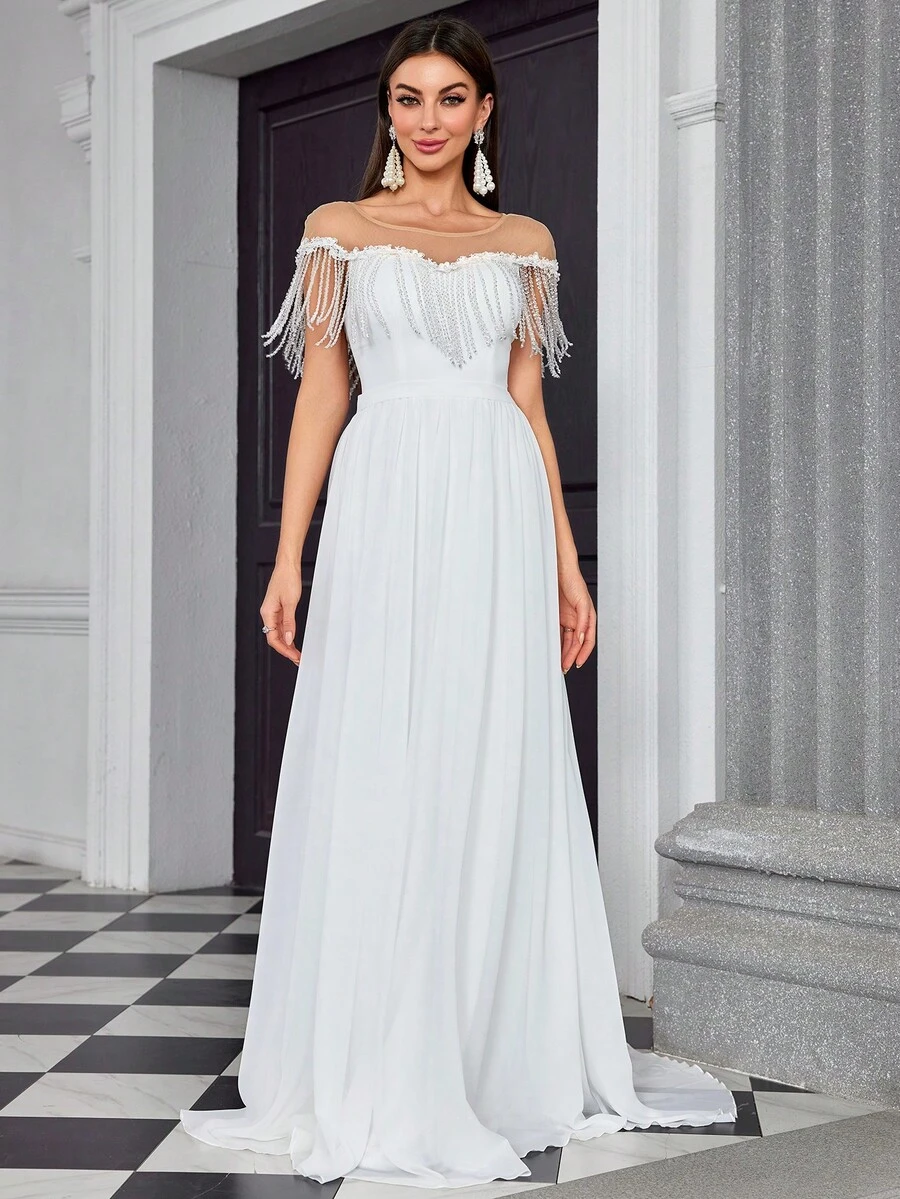 Mgiacy Round Neck Sheer Patchwork Lace Fringe Chiffon Flared Hem Long Dress With Trail - White - View 1