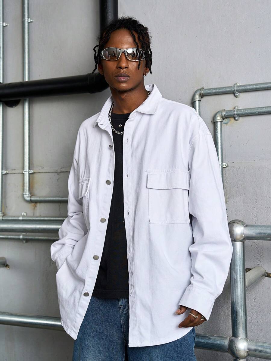 Manfinity Roghcode Men's Loose-Fit White Denim Shirt - White - View 1