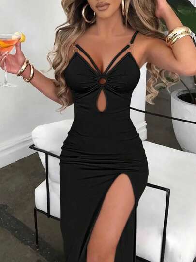 Breezaya Women's Summer Solid Color Round Ring Link Hollow Slim Fit Spaghetti Strap Dress Maxi Women Outfit