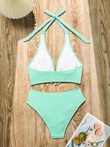 Swim Lushoire Women's Solid Color Halter Neck Bikini Set With Separated Bikini Set For Summer Beach Vacation Two Pieces Setgreen Two Pieces Settwo Piece Summer Women - Mint Blue - View 4