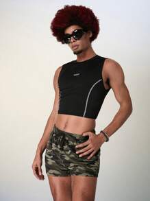 FeverCity Conjunto de camiseta sin mangas y pantalones cortos de camuflaje de ajuste delgado de color de contraste para hombres en verano - Multicolor - Ver 5