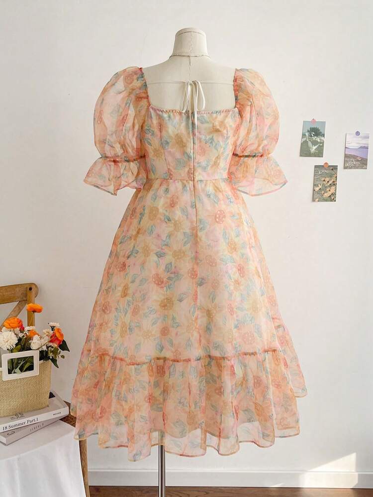 Plus-Size Women's Puffed Sleeve Organza Sunflower Print After Binding Pastoral Romantic Flowy Semi-Rustic Long Dress