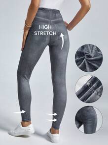 SHEIN LUNE Women Slim Fit Denim Effect Leggings - Black - View 2