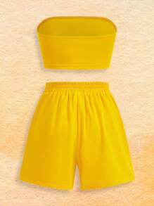GARFIELD | SHEIN Women's Cartoon Printed Crop Tube Top And Shorts Set, Summer - Yellow - View 2
