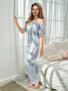 Lichtblauwe, eenvoudige, losse pasvorm, top met korte mouwen en lange broek, 2-delige homewear-set voor tienermeisjes