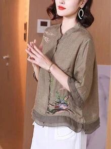 Blusa con bordado de paisaje vintage estilo chino para mujer - Multicolor - Ver 3