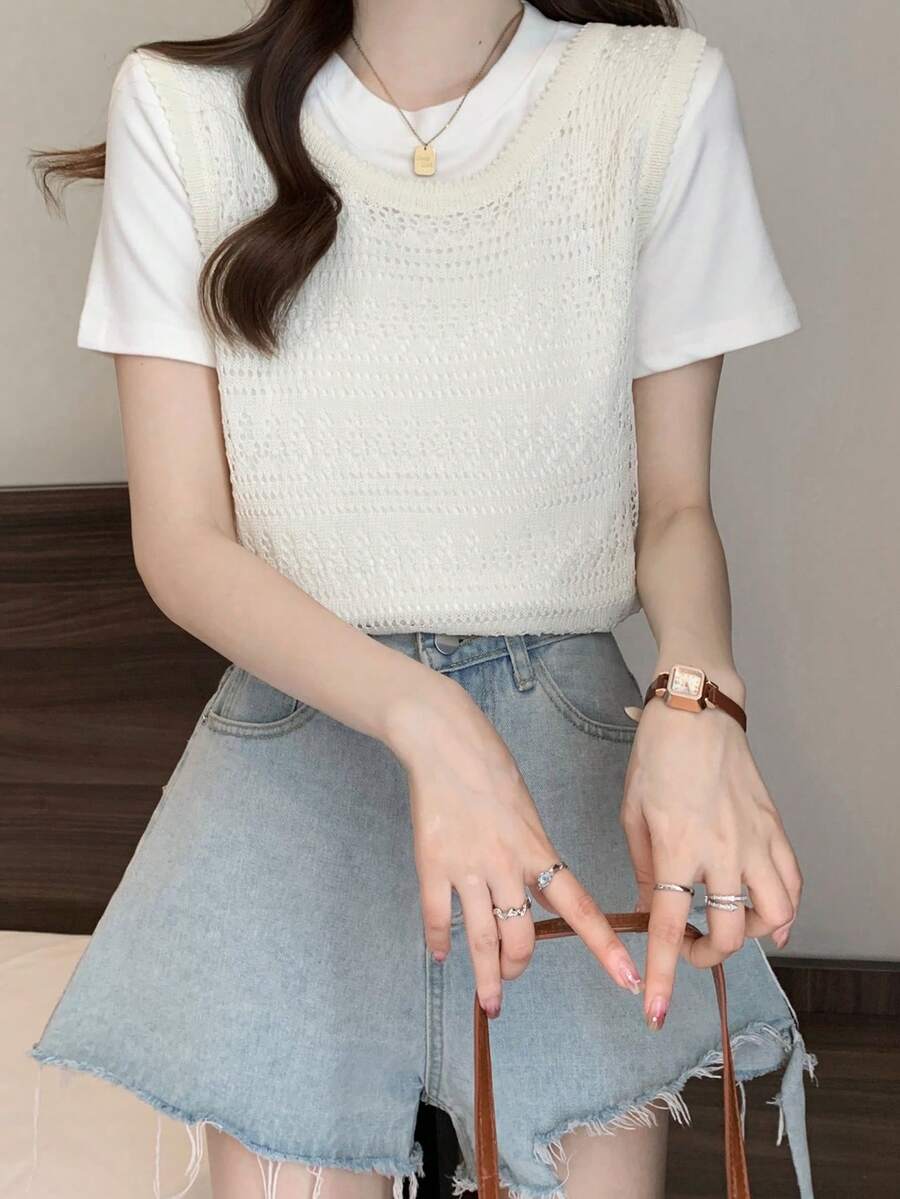 Women's Casual Hollow Out Loose Fit Round Neck Solid Color Knit Vest Sweater, Gentle Style For Summer - Apricot - View 1