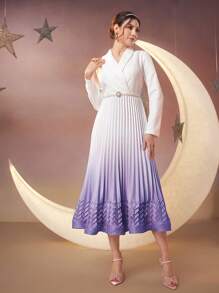 Modelyn Women's Gradient Color V-Neck Pleated Arab Dress Long Evening Dresses - Purple - View 4