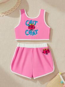 Mr Men Little Miss X SHEIN Young Girl Cartoon And Letter Graphic Ringer Bikini Set Summer Beach - Pink - View 1