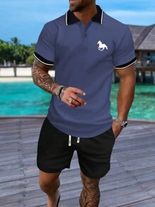 2 cái/bộ Áo polo nam thể thao mùa hè Giải trí Áo thun ngắn tay cổ bẻ và quần short in hình ngựa chạy nước kiệu có dây rút, eo đàn hồi và túi, quần áo đi biển & ngoài trời - Màu xanh lam - Xem 1