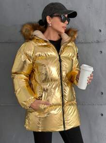 SHEIN Cottnline Piumino Con Cappuccio Rifinito Con Pelliccia Soffice, Colore Oro Metallico, Tessuto Riflettente - Dorato - Visualizzare 3