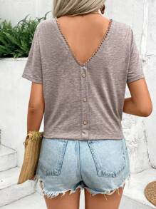 SHEIN Frenchy Solid Color V-Neck Casual Short Sleeve T-Shirt, Summer - Brown - View 1