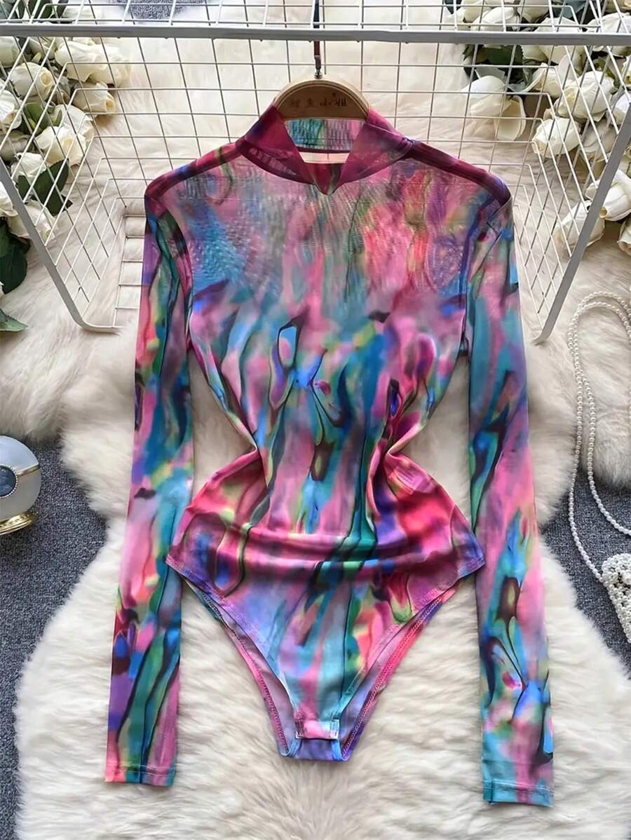 Franclia Mesh Tie Dye Printed Bodycon Bodysuit Fall Cloth For Women - Multicolor - View 1