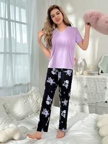 Conjunto de ropa de casa de 2 piezas para adolescente con parte superior morada de manga corta pura y pantalón con estampado floral morado - Morado - Ver 6
