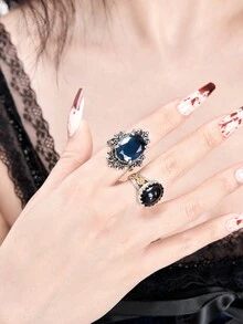 ROMWE Goth Conjunto de 2 anillos estilo gótico oscuro para mujer con piedras preciosas azules y negras - Multicolor - Ver 3