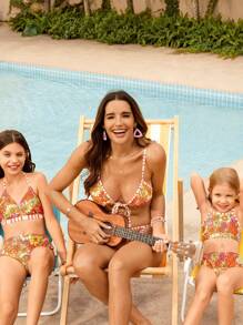 SHEIN Swim Women Floral Print Tie-Side Thong Bikini Set, Holiday Summer Beach Swimming Pool, Mommy And Me Matching Outfits (Sold Separately) - Multicolor - View 7