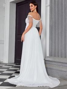 Mgiacy Round Neck Sheer Patchwork Lace Fringe Chiffon Flared Hem Long Dress With Trail - White - View 2