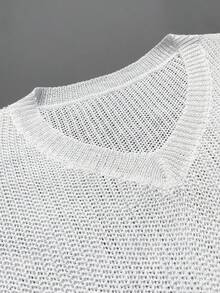 Women's Loose Fit Round Neck Slit Hem Knit Top, Spring/Summer - White - View 3