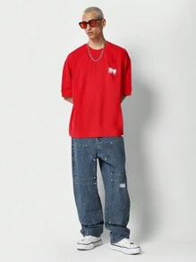 SUMWON Oversized Short Sleeve Tee With Graffiti Graphic Print - Red - View 4
