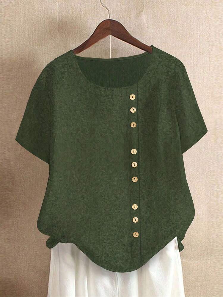 Women Button Decorated Round Neck Summer Simple Short Sleeve Shirt