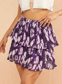 Hauture Falda plisada de capas con ribete de volantes de color morado tie-dye - Morado - Ver 1