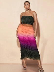SHEIN BAE Elegante vestido largo con escote asimétrico, plisado y estampado abstracto degradado en toda la malla, para fiesta de cumpleaños
