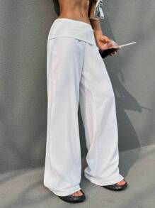 SHEIN EZwear Women Casual Solid Color Low Waist Wide Leg Pants - White - View 2