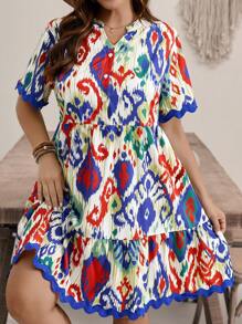 SHEIN VCAY 大尺碼假日休閒隨機印花拼接緞帶切割領連衣裙 - 彩色 - 查看 5