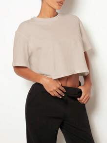 SHEIN BASICS Summer Casual Drop Shoulder Solid Crop Tee - Apricot - View 6