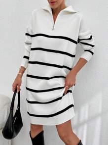RueChic Gestreiftes Strickdesign-Strickkleid für Damen mit Reißverschluss-Details - Schwarz und Weiss - Übersicht 3
