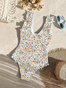 SHEIN Swim 女款夏季沙灘花卉印花泳裝，襯邊連衣裙式休閒一件式泳衣 - 黑色 - 查看 2