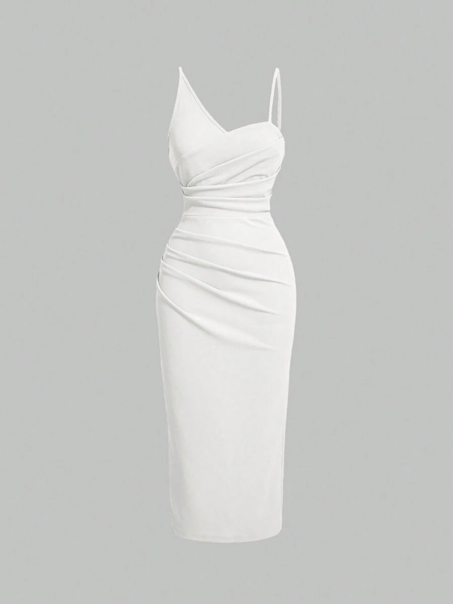 SHEIN MOD 女式素色简约日常褶皱连衣裙 - 白色 - 查看 1