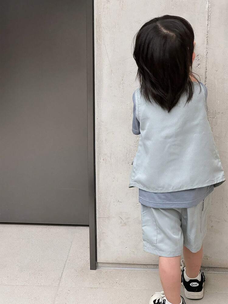 3pcs/Set Baby Boys Street Cool Zipper Pocket Vest + Short Sleeve T-Shirt + Zipper Pocket Shorts Outfit, Casual Spring/Summer