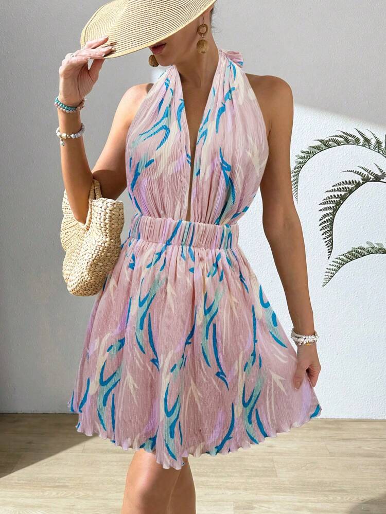 Women's Printed Pleated Halter Neck Backless Vacation Dress